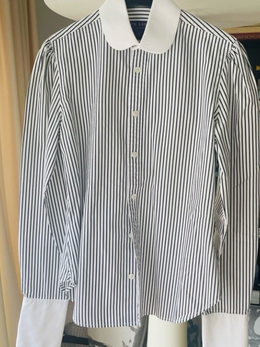 RALPH LAUREN VTG Black White Striped Shirt Top Contrast Club Collar French Cuffs
